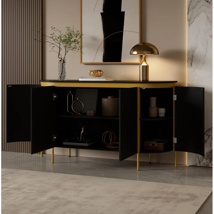 DESVIAE Sideboard Schwarz aus MDF – 140x80x38 cm – 4 Türen, Kabeldurchlass – Bild 4