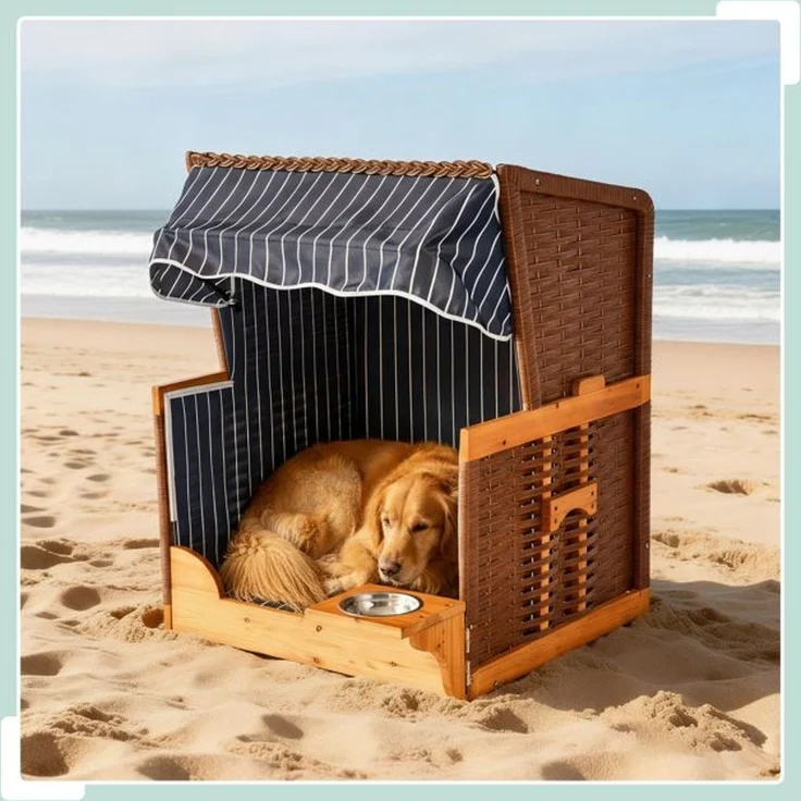 Hundestrandkorb Holz & Rattan inkl. Napf 10053176_491 – Bild 3