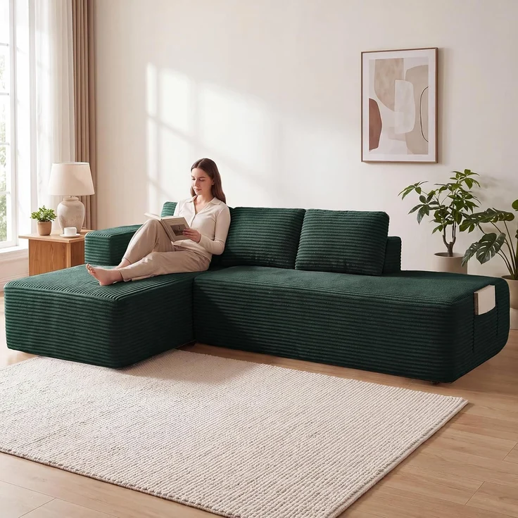 COMHOMA Ecksofa mit Schlaffunktion, 255cm Corduroy Modulares Boneless Couch mit Chaiselongue & Rücken-Metallgestell, L-Form Schlafsofa mit offenem Design, Kissen & Seitentaschen,für Wohnzimmer, Grün-R – Bild 5