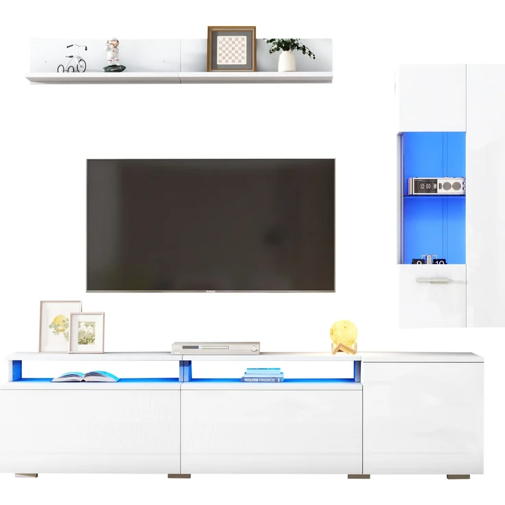 TV-Möbelset mit LED-Beleuchtung, Hochglanzfronten, für TV bis ca. 80 Zoll, 180x40x45 cm, Weiß – Bild 6