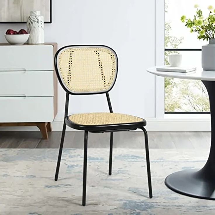 39F FURNITURE DREAM Set mit 2 skandinavischen Esszimmerstühlen aus natürlichem Rattan, Gestell aus schwarzem Metall, Faul, Natur, 45 x 51 x 84 cm – Bild 4