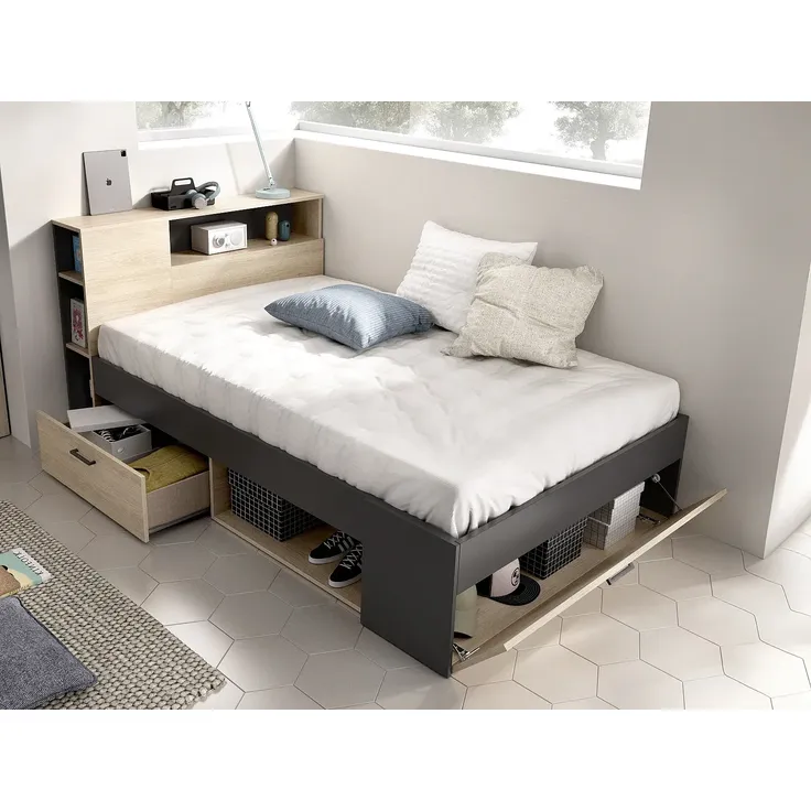 Vente-unique - LEANDRE Bett Holz, Platte GrauBeige - B 129,6 cm x H 95 cm x L 217,3 cm – Bild 3