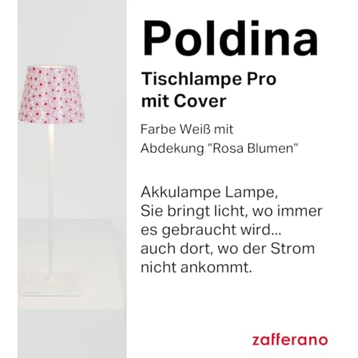 Zafferano, Poldina Pro Lampe mit Cover, Kabellose, Wiederaufladbare Tischlampe mit Touch Control, Auch für den Außenbereich Geeignet, Dimmer, 2200-3000 K, Höhe 38 cm, Farbe Weiß - Rosa Blumen – Bild 2
