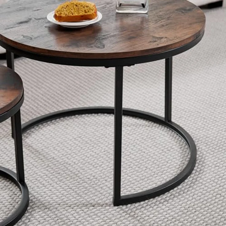 GrandCA HOME Couchtisch 2er Set,Stapelbarer Couchtisch, Couchtische Rund, MDF-Tischplatte, Schwarze Tischbeine aus Edelstahl，Geeignet für Wohnzimmer, Esszimmer（Ø60x45H cm，Ø40x35H cm，Dunkle Eiche） – Bild 7