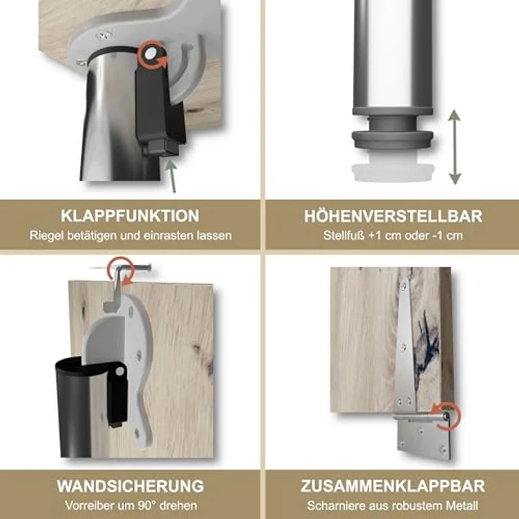 KDR Produktgestaltung Wandklapptisch Schreibtisch Tischplatte 80x50 cm in Eiche astig Klapptisch Esstisch Küchentisch für die Wand Höhe Tisch 74 cm zur Wandmontage mit Tischbein klappbar – Bild 6