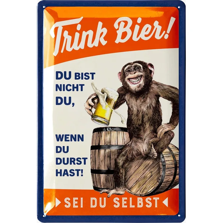 LANOLU Blechschild Trink Bier Affe - 20x30cm – Metall – Mehrfarbig – 20160