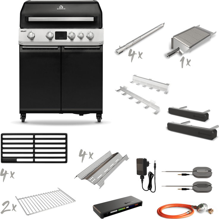 BURNHARD® GRANT Base + Gasgrill – 4-Brenner Modulargrill mit Gusseisen-Rosten & Türen – Infrarot Heckbrenner und 1x Infrarot Brenner für Brennkammer– LED Display – 17,7 kW - Schwarz - #946770 – Bild 6