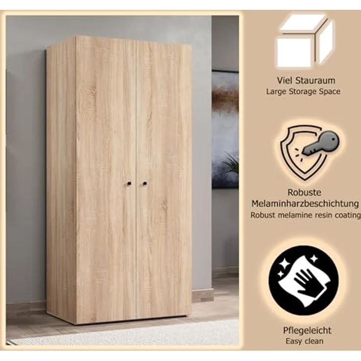trendteam smart living - Basics - Kleiderschrank - Eiche - Garderobenschrank mit 2 Türen, 1 Hutablage und 1 Kleiderstange - (BxHxT) 81 x 176 x 51 cm - Moderner Stil – Bild 5