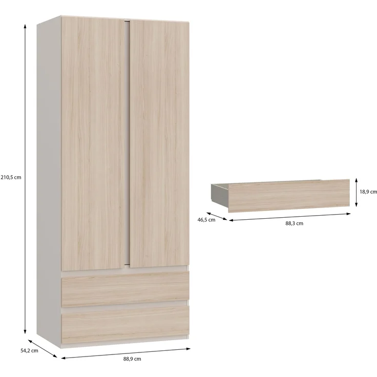Forte PANOPTIK Kleiderschrank 90, schmaler, moderner Schrank, 2-türig, 2 Schubladen, Schlafzimmer, Jugendzimmer, Kaschmir|Beige|Riva Eiche Holzdekor, 48 cm breit x 210,5 cm hoch x 54,2 cm tief – Bild 6