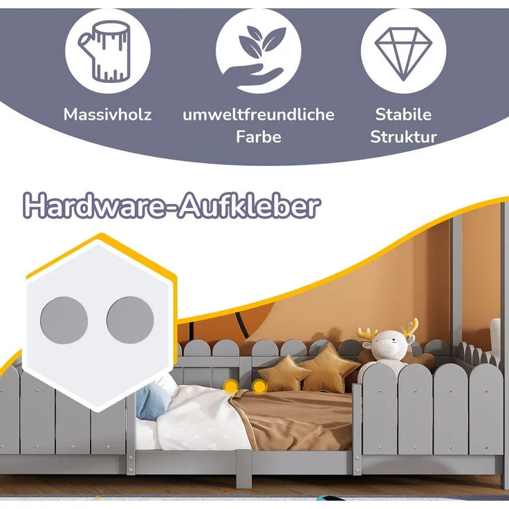 Hausbett mit Lattenrost, 90x200 cm, Kinderbett mit Rausfallschutz, Kiefer – Bild 6