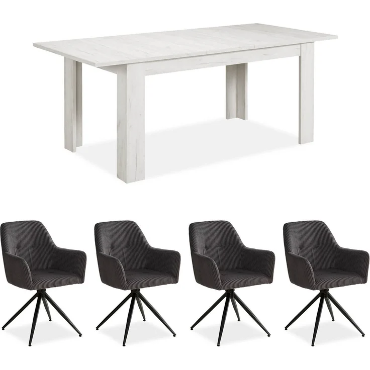Set Esstisch mit 4 Stühlen, Cord Polsterstühle Grau, Küchentisch Modern Holz Shabby Weiß, Esszimmertisch Massiv, 160x90 cm – Bild 2