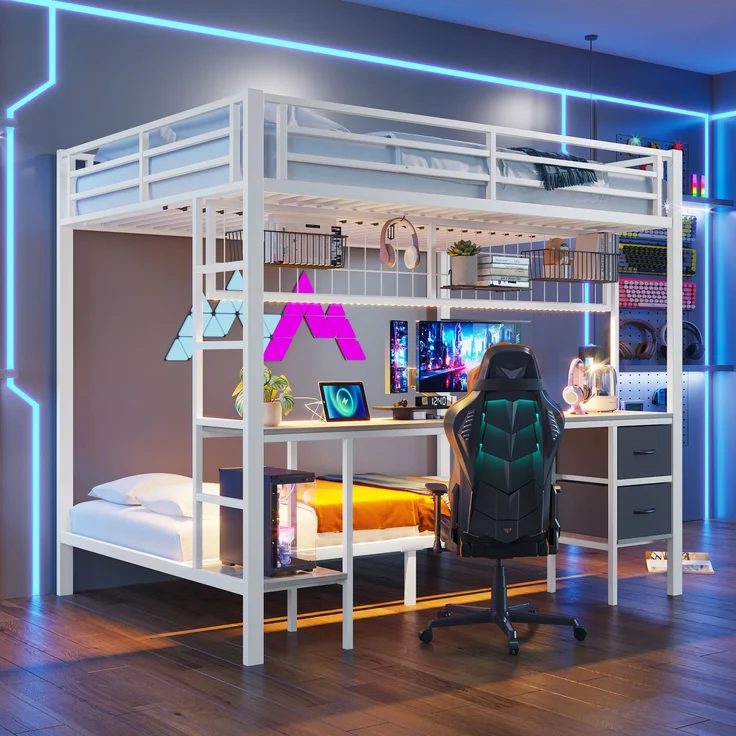 Bett 140x200 cm Hochbett mit Schreibtisch, Schubladen und 7-farbiger LED-Leiste mit USB-Anschluss