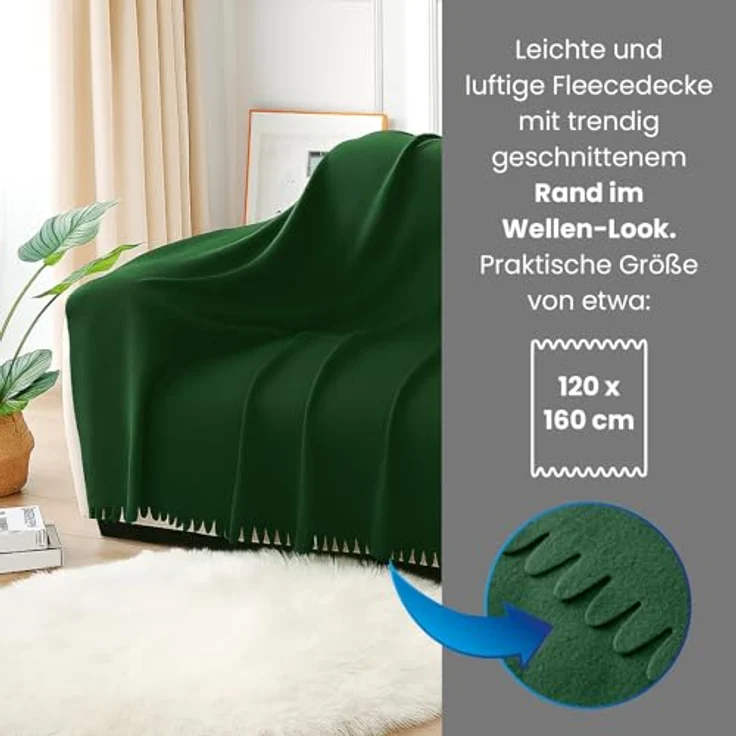 wometo Fleecedecke Wave, Grün, 120x160 cm, Oeko-Tex®, leicht und pflegeleicht, ideal für Sofa, Auto und Outdoor – Bild 2