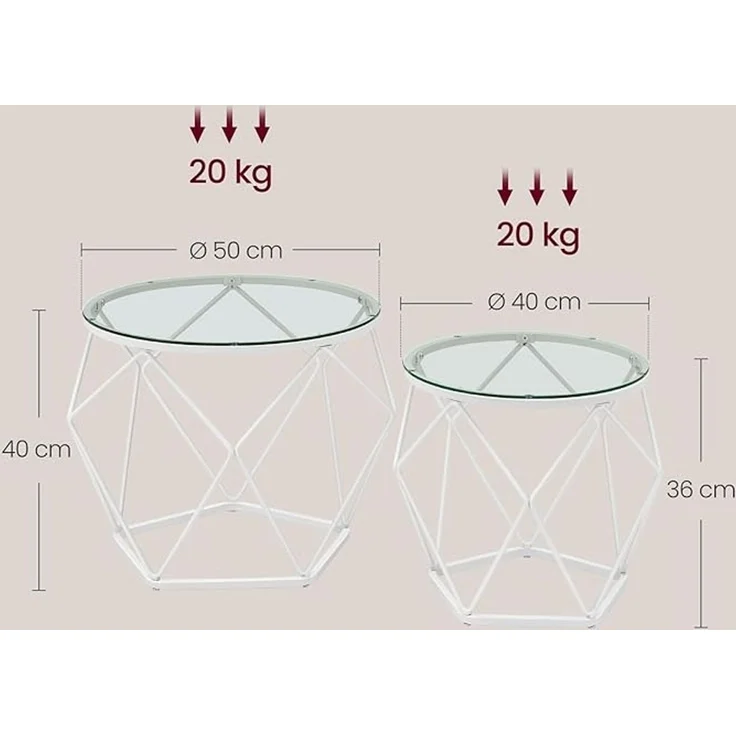 Vasagle Couchtisch rund, 2er Set, Wohnzimmertisch, Beistelltisch, modern, abnehmbare Tischplatte, für Wohnzimmer, transparent-wolkenweiß – Bild 3
