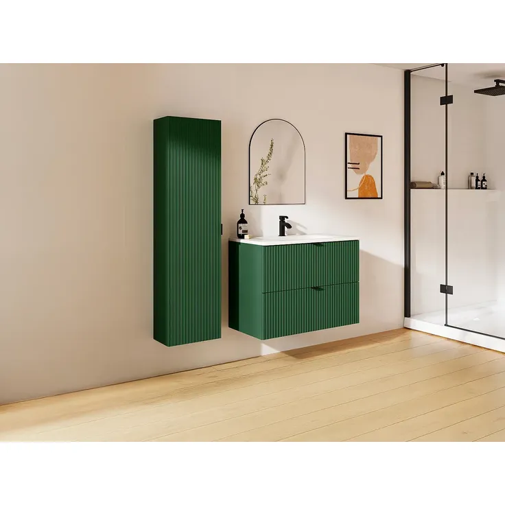 Vente-unique - Waschbeckenunterschrank hängend mit Einbauwaschbecken und Säule - Streifenoptik - Grün matt - 80 cm - ZEVINI