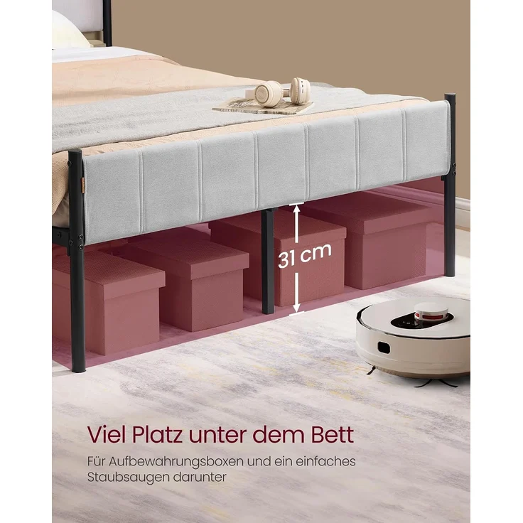 VASAGLE Doppelbettgestell, Bettgestell, 140 x 200 cm, mit gepolstertem Kopfteil, Bettrahmen, Stahl-Latten, trägt bis zu 500 kg, einfache Montage, Taubengrau – Bild 7