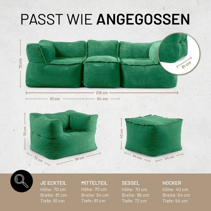 Lumaland Loungeset Modular Basic Set Cord 5tlg. - Indoor Sitzsack Sofa mit Sessel & Pouf, 5 x XXL Indoor Bean Bag mit Füllung - Modulares Sofa mit EPS Perlen – Bild 3