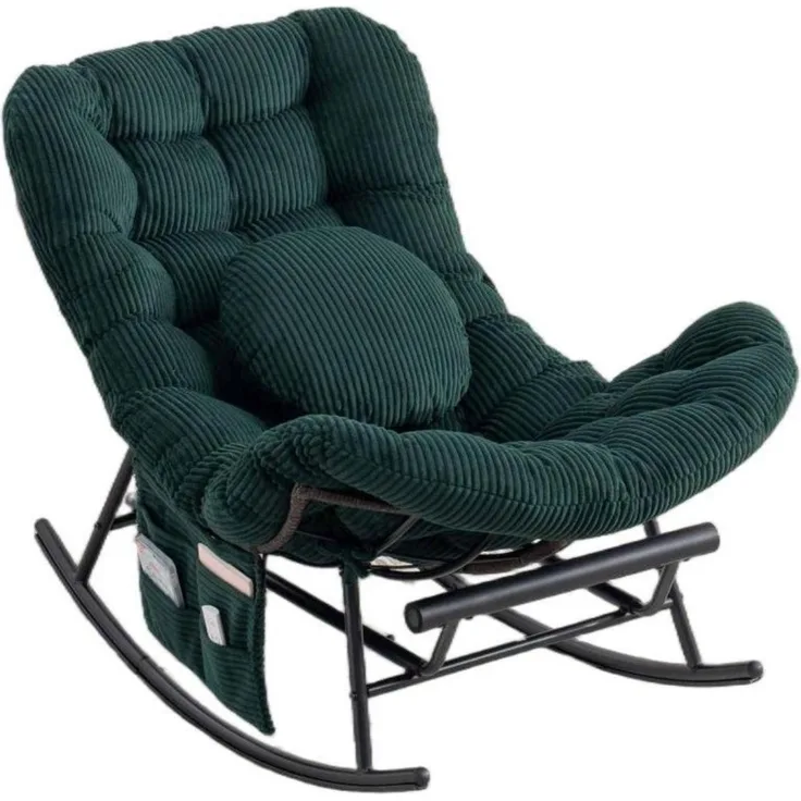 LVHOM Schaukelstuhl mit ausziehbarer Fußstütze, Rattanstuhl mit Stahlrahmen, Schaukelsessel mit gepolstertem Kissen und Seitentasche, Lounge Sessel, 1 St, Dunkelgrün