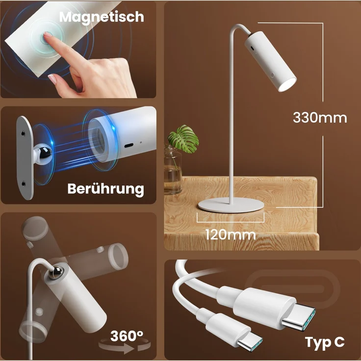 EMKE LED Tischlampe kabellos, 6-in-1 Wiederaufladbare Tischlampen, dimmbar, mit Touch LED, schwarz, Tischlampe Outdoor, 3 Farbmodi, 360° einstellbare magnetische Wandleuchte, USB-C, Weiß – Bild 3