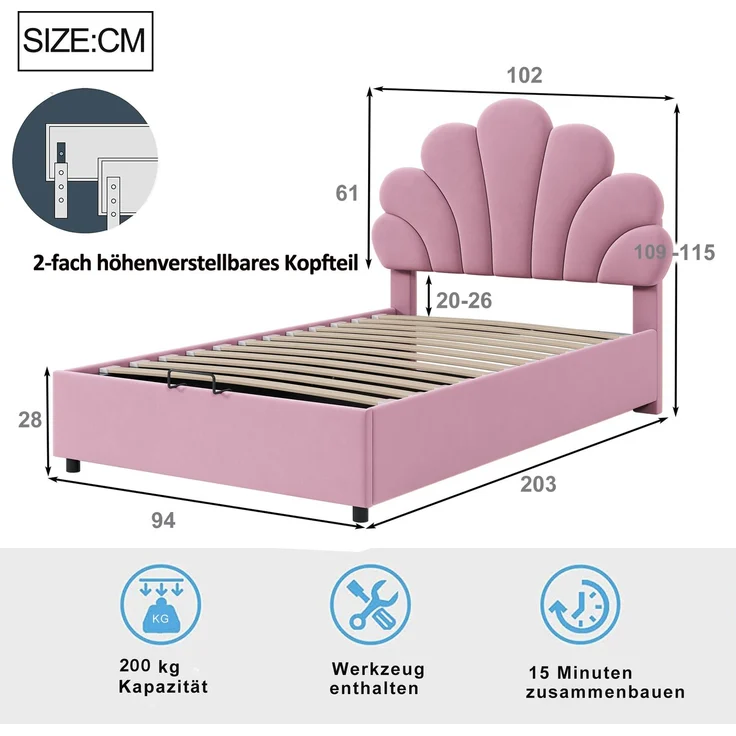Merax Polsterbett Kinderbett 90 x 200 cm, mit geblümtem Kopfteil und Lattenrost, mit höhenverstellbarem Kopfteil und hydraulischem Stauraum, hautfreundlicher Samtstoff, Rosa – Bild 3