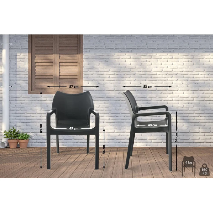 CLP Gartenstuhl Diva 4er Set, Kunststoff, stapelbar, wetterfest, mit Armlehnen,dunkelgrau – Bild 2