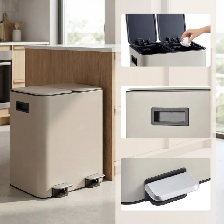 hjh OFFICE Mülleimer Mülleimer Clean 10 Eisen, Pulverbeschichtet, Mülltrennsystem Küche mit 2 Fächern, Abfalleimer 30 Liter (2 x 15L) – Bild 1