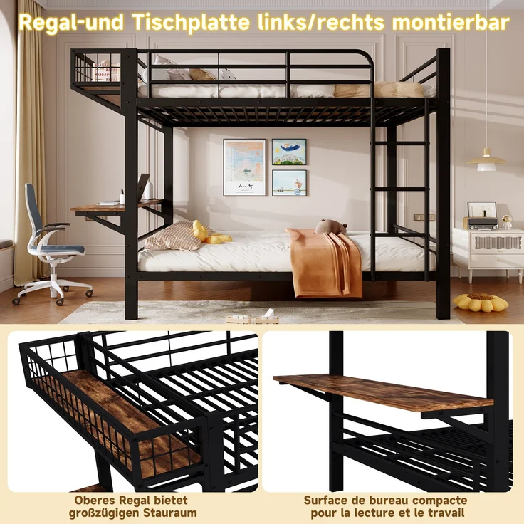 Etagenbett, 140x200 cm, Schreibtisch, Offenem Staufach, Geländer, Leiter, Ohne Matratze, Metall, Schwarz – Bild 4