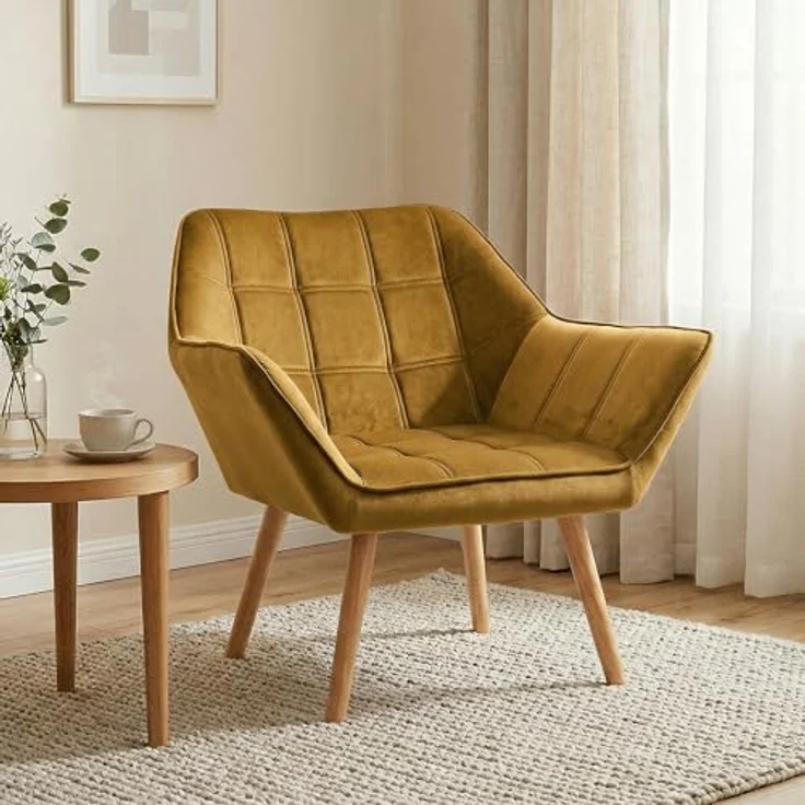 HOMCOM Relaxsessel Polstersessel mit Samtoptik, skandinavisch (Esszimmerstuhl, 1-St, Stuhl), für Wohnzimmer, Schlafzimmer, Gelb – Bild 2