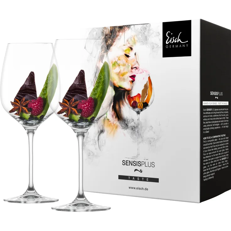 Eisch Superior 500/2 Sensis plus Rotwein 2er Set mit Glaspoliertuch, 2 Gläser im 4 farb. Geschenkkarton 25005020 500/2 + 30094202 942/2