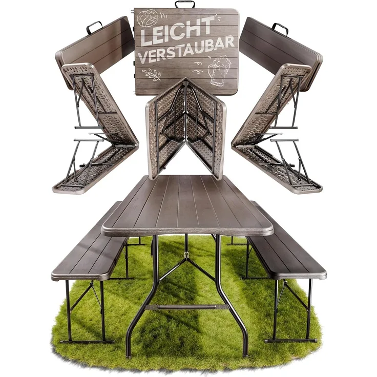 Ondis24 Biertischgarnitur Lisa Campingtisch 2X Bierbank 1x Biertisch Sitzbank klappbar Bierzeltgarnitur 3tlg. einfach transportabel (Braun, XL)