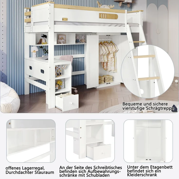 Etagenbett Kinderbett 90x200 mit Fallschutzgitter, Schreibtisch, Kleiderschrank, offene Regale – Bild 8