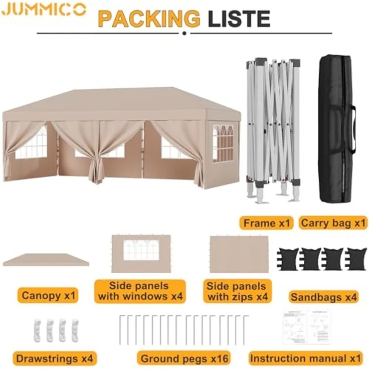 JUMMICO Pavillon 3x6 Wasserdicht Stabil Winterfest Höhe Verstellbar,Faltpavillon mit 6 Seitenwänden,Pavillion UV Schutz 50+,Gartenpavillon Faltzelt für Garten, Innenhof, Camping,Gazebo Beige – Bild 6