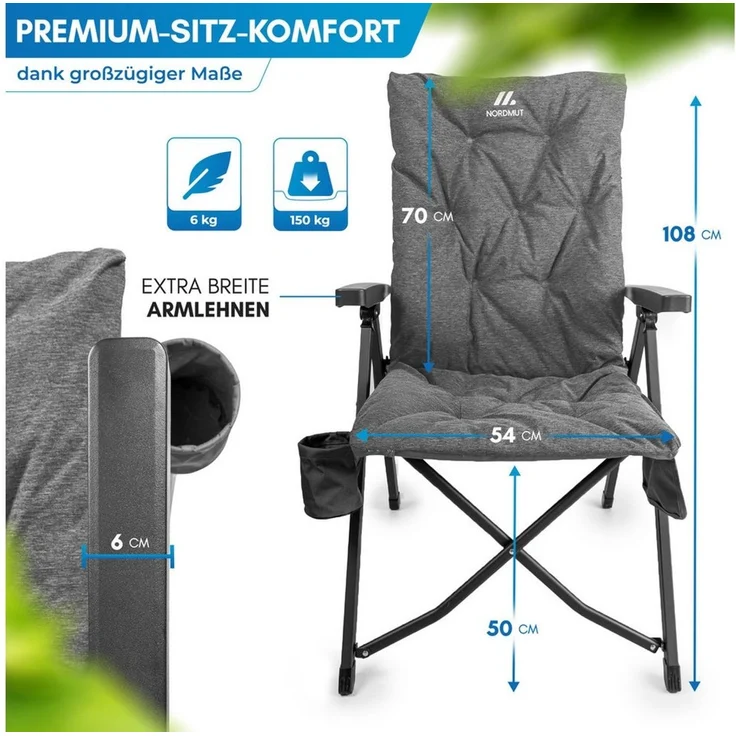Nordmut Campingstuhl verstellbare Rückenlehne 4-fach, gepolstert, kompakt, Sitzen & Liegen (Spar-Set, 1 St), hohe Lehne, klappbar, 140kg belastbar, ergonomische Sitzform, Armlehne – Bild 2