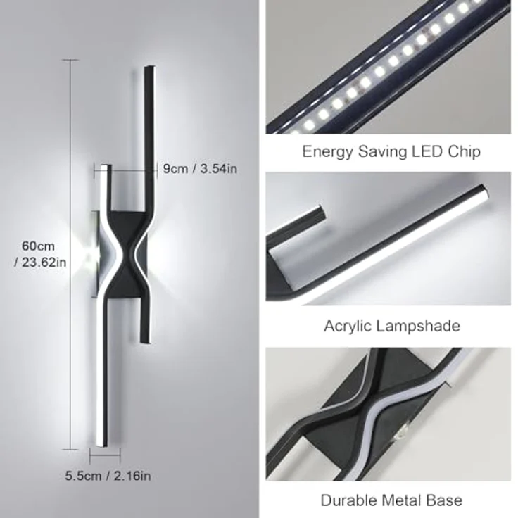 Goeco LED Wandleuchte Innenbereich, 25W Flurlampe, Schwarze 60cm Wandleuchte für Schlafzimmer, Flur, Wohnzimmer, Treppe – Bild 4