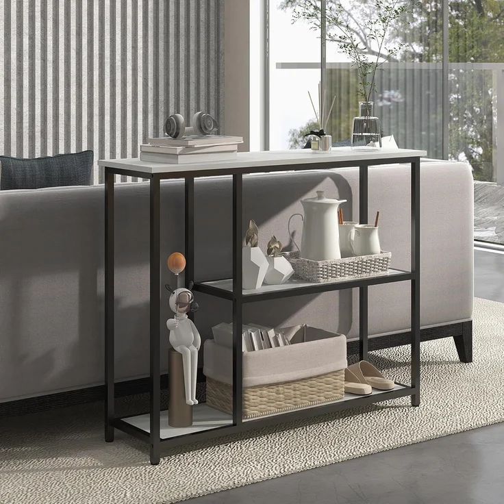 HOMCOM Konsolentisch, Flurtisch mit 2 Ebenen, Standregal, Beistelltisch, Sofatisch mit Kippschutz für Wohnzimmer, Diele, Stahl, Weiß, 100 x 30 x 80 cm – Bild 7