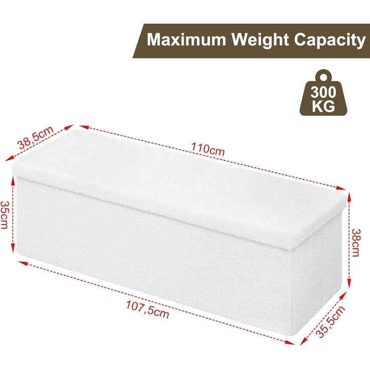 eSituro Sitzbank mit Stauraum, Sitztruhe klappbar, Truhenbank mit Deckel, Polsterbank mit Teddystoff-Bezug, Fußbank für Schlafzimmer, Aufbewahrungsbox, 135 L, 300 kg belastbar, 110 x 38 x 38 cm, Weiß – Bild 8