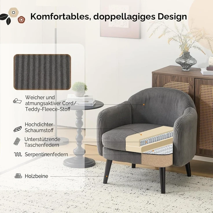 Sessel Cocktailsessel Loungesessel Lesesessel 113kg Cord-stoff Grau – Bild 5