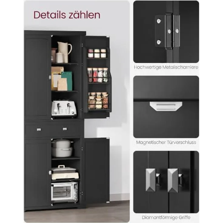 VASAGLE Küchenschrank, Schrank mit Schublade, Mehrzweckschrank freistehend, Ober- und Unterschrank, 4 verstellbare Ablagen, 6 Türfächer, Wohnzimmer Küche, 40 x 76 x 182,1 cm, tintenschwarz BBK561B01 – Bild 7