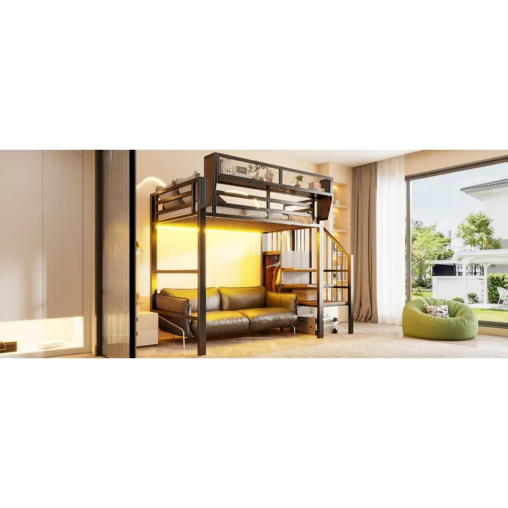 ZUBALIYA Hochbett 90 × 200 cm, Metall, LED-Beleuchtung, Leiter, Schwarz – Bild 16