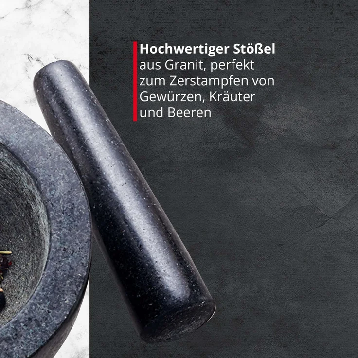 MEISTERKOCH Mörser mit Stößel Granit für Gewürze, Schwarz groß XXL mit 3,5 kg rutschfest, polierter Steinmörser, Innenfläche & Stößelspitze rau, Gewürzmörser massiv mit 15cm Ø & 450ml – Bild 1