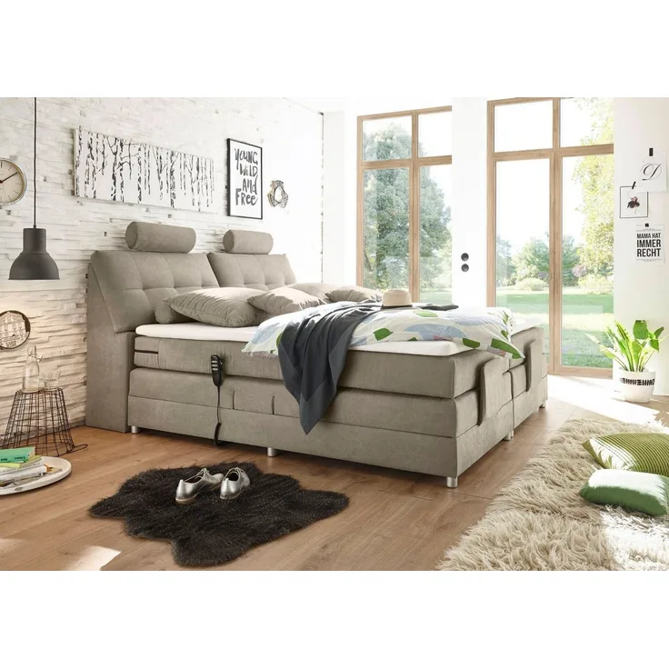 PALERMO 2 Boxspringbett 180x200 elektrisch verstellbar, Sand - Bequemes Doppelbett mit dekorativer Steppung & Komfortschaum Topper - 180 x 127 x 234 cm (B/H/T)