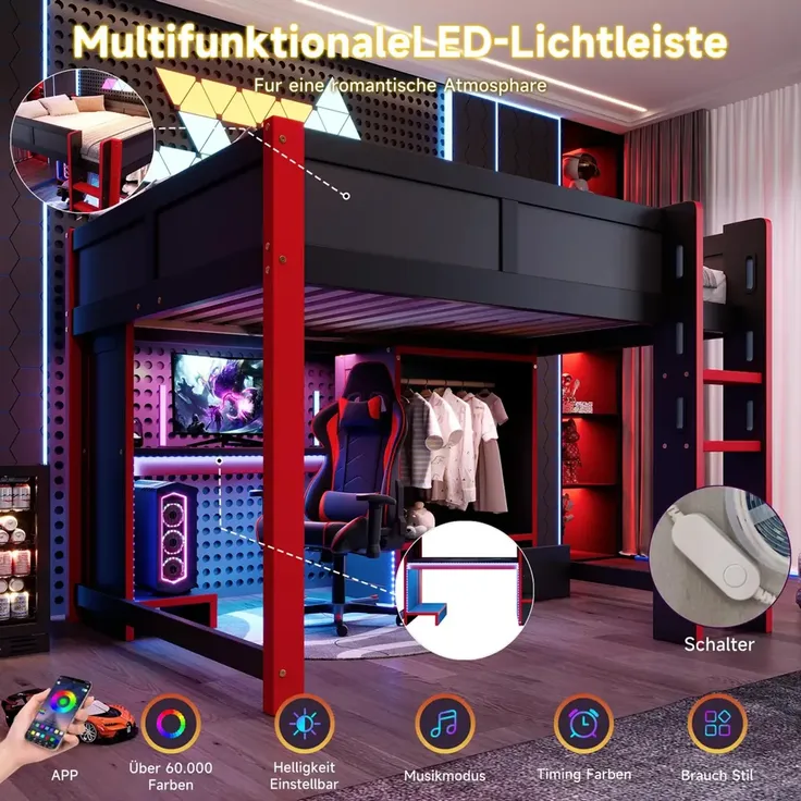 Hochbett mit Schreibtisch, LED-Streifen, Kleiderschrank, PC-Ständer, Leiter, Schubladen, Rausfallschutz, 140x200cm, Kinderbett – Bild 5