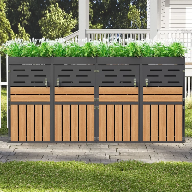 LVHOM Mülltonnenbox 4er mit Pflanzkasten, 4x240 L, Abschließbare Mülltonnenverkleidung aus Stahl für Garten, Anthrazit – Bild 9