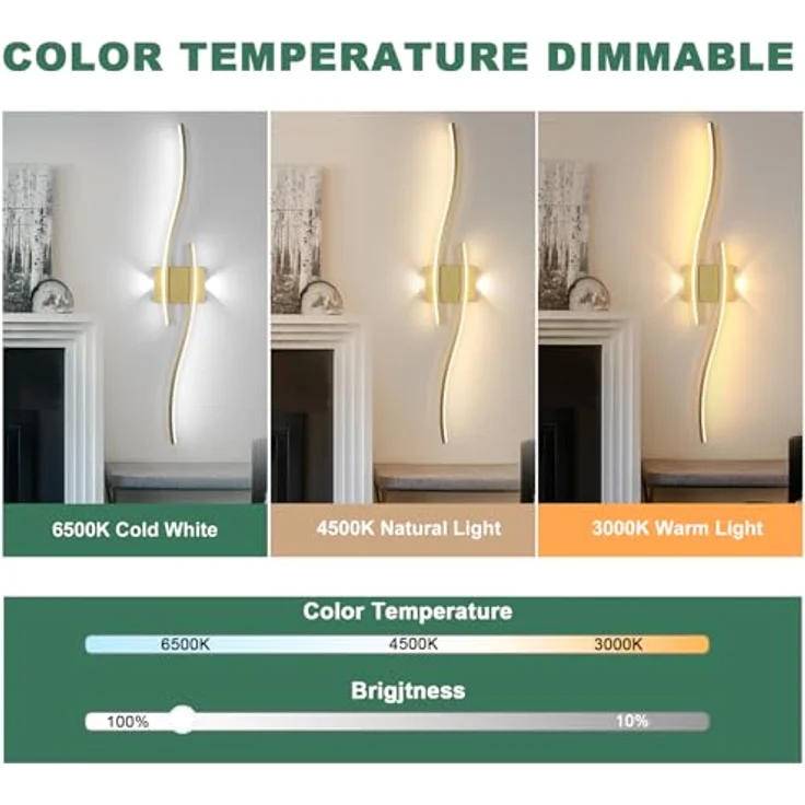 LED Wandleuchte Innen Gold, 89CM 29W Lange Wandlampe Dimmbar mit Fernbedienung 3000K-6500K, 2 Fimmige, Modern Wandlicht LED mit Memory-Funktion für Wohnzimmer Schlafzimmer – Bild 4