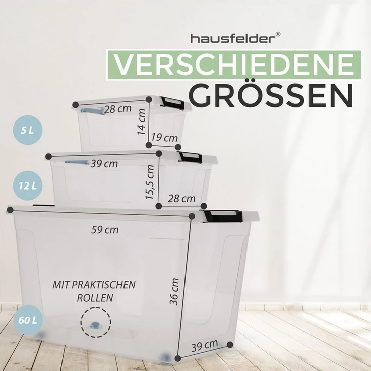 Hausfelder Aufbewahrungsbox Ordnungsboxen mit Deckel und Verschlussclips,12 l, 4 Stück (4er Set, 4 St, 4 Boxen + 4 Deckel), stapelbar, mit Klickverschluss, in drei Größen erhältlich – Bild 2