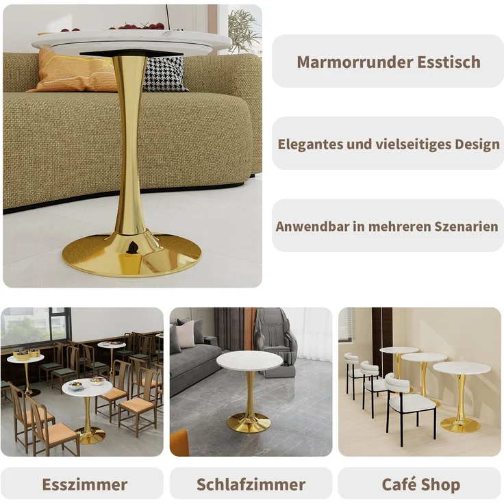 Novelux Couchtisch Gold Marmor Optik Rund 70 cm – Mid-Century Modern Esstisch für 2-4 Personen, Weißes Marmordekor – Bild 4