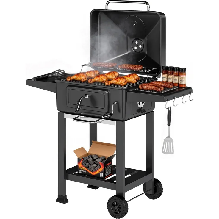 Holzkohlegrill BBQ Smoker mit Deckel Thermometer höhenverstellbar Kohlepfanne Grillrost Seitentisch Aschefach--Schwarz--101.5x63x112cm--CHENHAONING