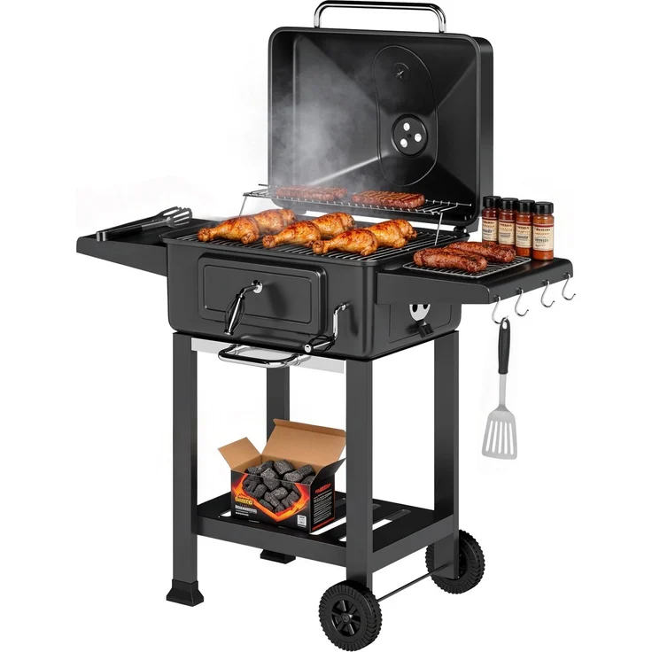 Holzkohlegrill BBQ Smoker mit Deckel Thermometer höhenverstellbar Kohlepfanne Grillrost Seitentisch Aschefach--Schwarz--101.5x63x112cm--CHENHAONING – Bild 1