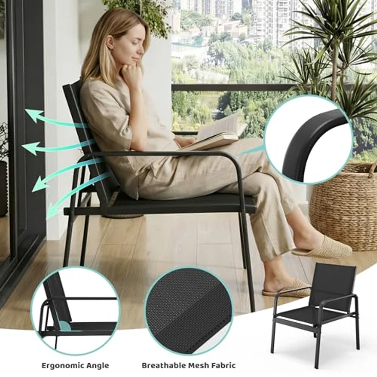 Mondeer Gartenmöbel Set, Balkon Möbel Set 4-TLG mit Armlehnen, Terrassenmöbel mit Tisch Sofa und 2 Stühlen, Textilene, für Garten Balkon Außen, Schwarz – Bild 6