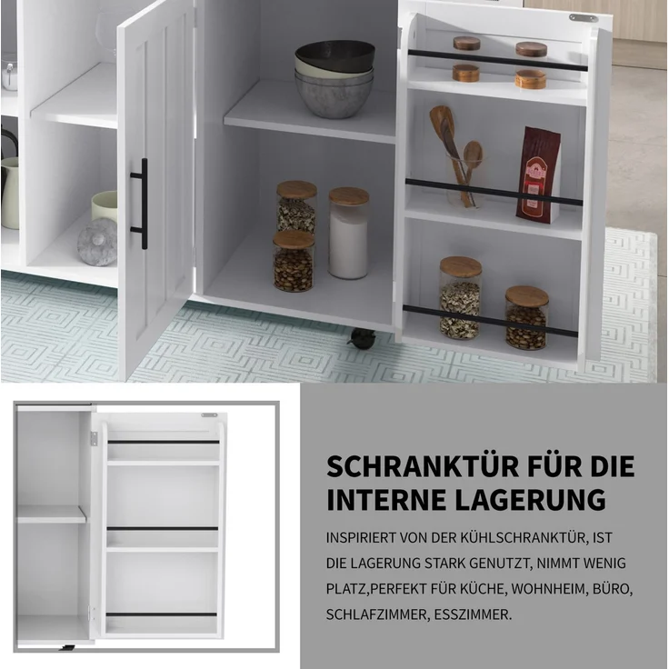 Servierwagen 129x46/71x91,5 cm mit klappbarer Arbeitsplatte – Kücheninsel aus MDF in Weiß mit Stauraum und Rollen – Bild 8